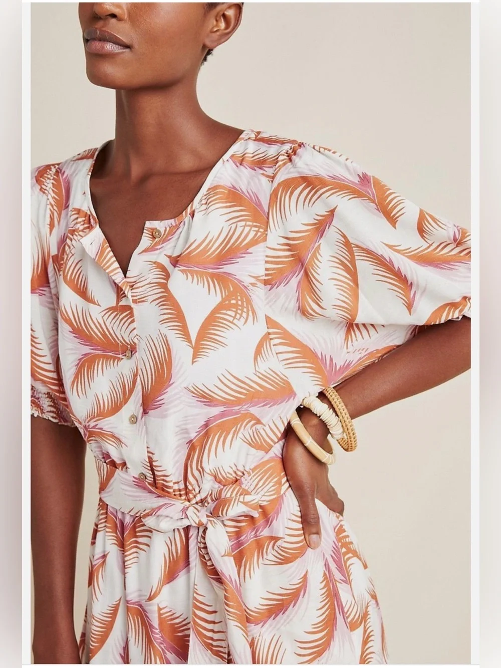 Anthropologie Nicole Linen Puff Sleeve Feathers Ivory Shirt Dress